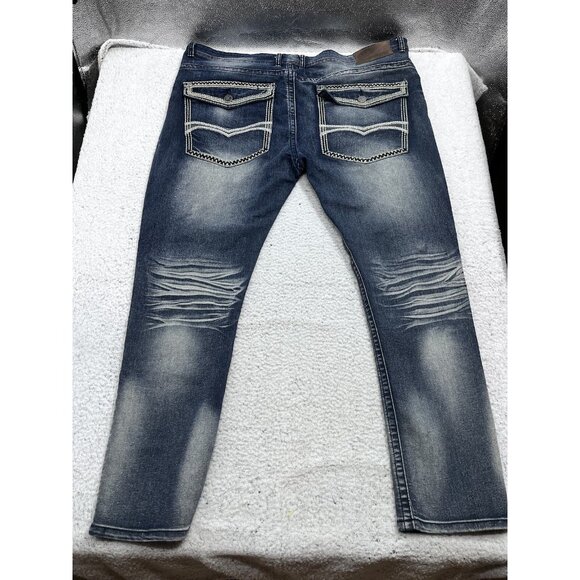 Men's Blue Cult Faded Wash Denim Jeans Embroidered Pockets Size 46x32 - Picture 9 of 11